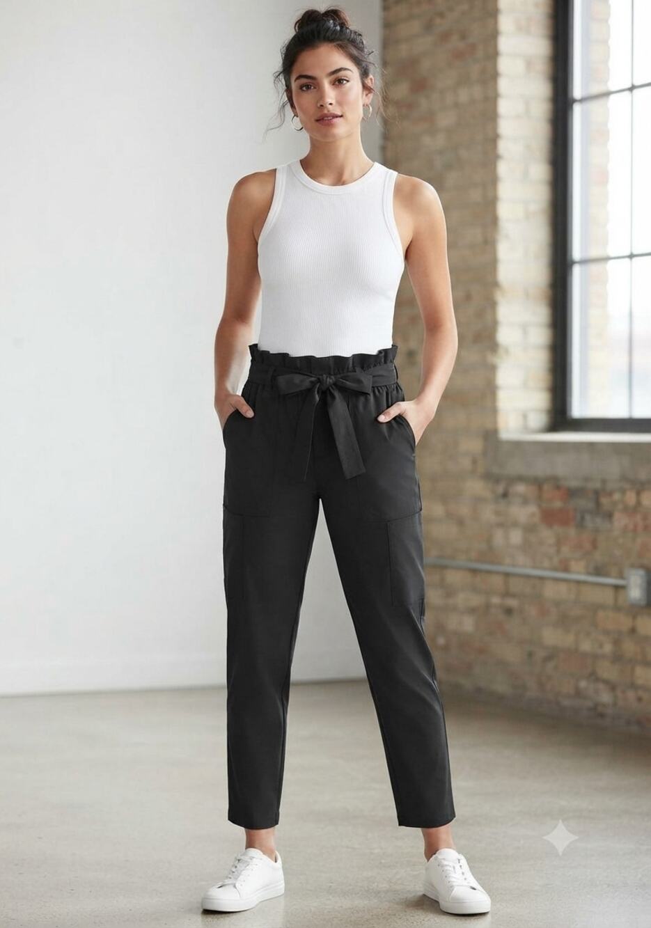 Athleta Paperbag Waist Cargo Pants Black Size 8 Utility Travel Tapered Tie Belt